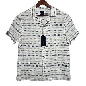 Ben Sherman Mens Ivory Navy Pattern Short Sleeve Button Down Camp‎ Shirt Small